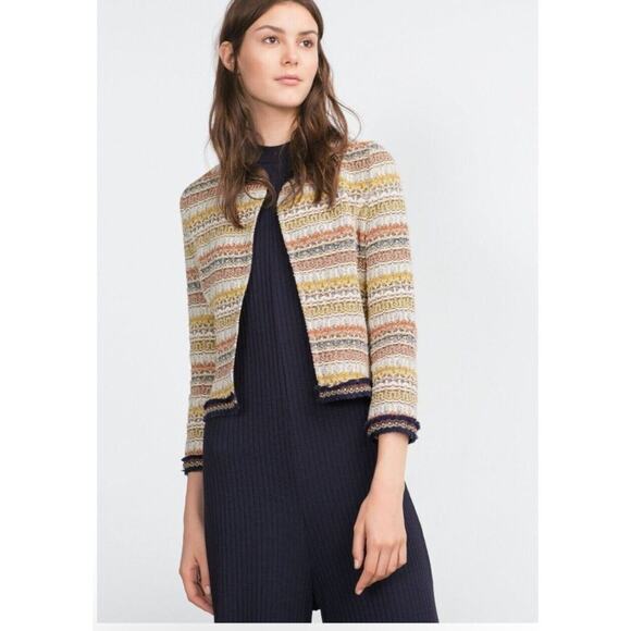 Zara Long Sleeve Jacquard Striped Crop Jacket Embroidered Detail XS Neutral - Picture 1 of 15
